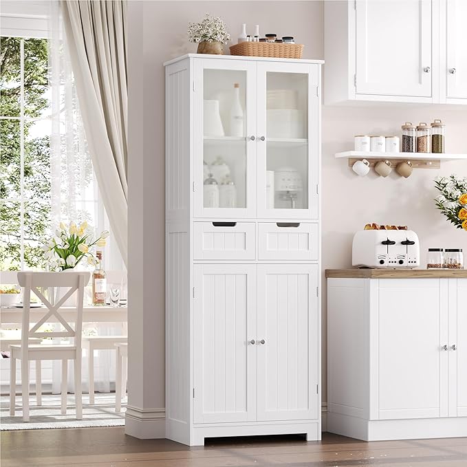 HORSTORS 67" H Bathroom Storage Cabinet, White Linen Cabinet with Drawers | Freestanding Bathroom Cabinet with Glass Door & Shelf, Modern Tall Storage Cabinet for Bathroom, Living Dining Room, Kitchen