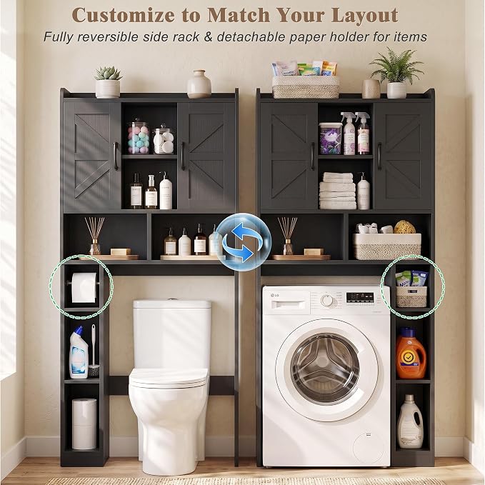 Farmhouse Over The Toilet Storage Cabinet with Barn Door, Reversible Side | 7-Tier Bathroom Organizer, Adjustable Shelves Bottom Bar, Detachable Paper Holder, Anti-Tipping, Laundry Room, Black