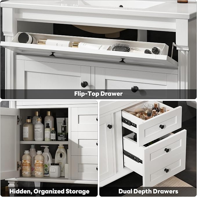 LIKIMIO 36 Inch Bathroom Vanity with Sink, Adjustable Solid Wood Legs | Modern Bathroom Storage Cabinet with Towel Holder, Tip-Out Drawer, 2 Drawers & Adjustable Shelf, Nature