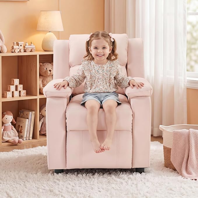 CANMOV Kids Push Back Recliner Chair, Pink Faux Leather Toddler Sofa.