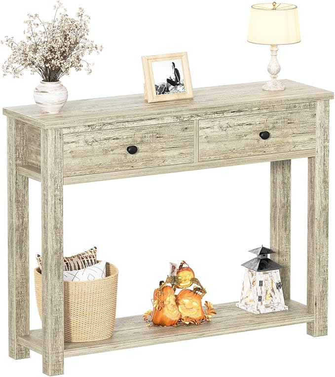 Homieasy Farmhouse Console Table with 2 Drawers, 32 Inch Small Sofa Table with Storage Shelf for Living Room, Behind Couch, Entryway Table for Hallway, Living Room, or Foyer, Light Rustic Oak