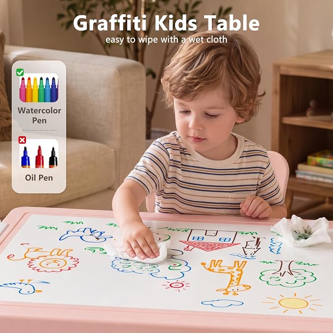 Kinder King Kids Table & 2 Chairs Set, Adjustable Heights, Storage, Pink