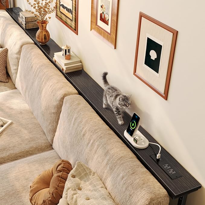 Huuger 110.2 Inch Behind Couch Table with Power Outlets, 23.9’’-34.4’’ Height Adjustable Range, Sofa Tables Narrow Long with USB-C Ports, Extra-Long Skinny Console Table, for Small Spaces, Black