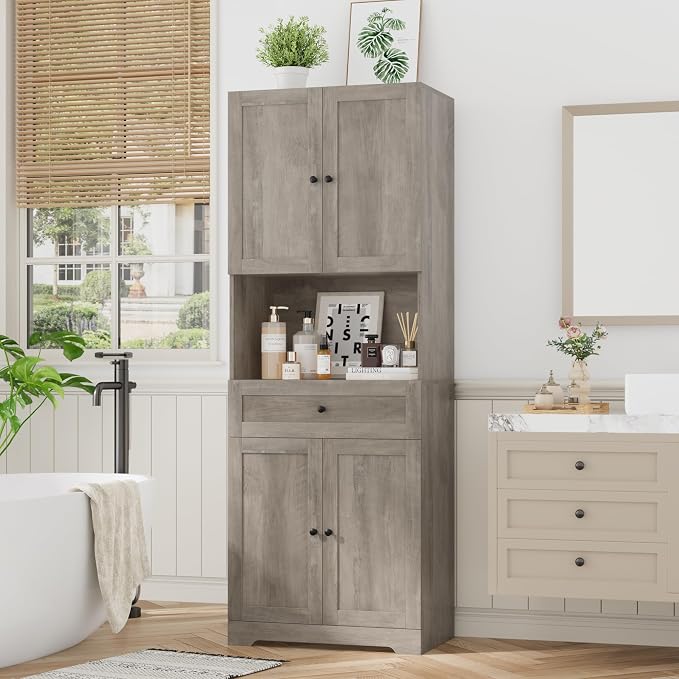 HIFIT Tall Bathroom Storage Cabinet with Drawer, Modern Linen Cabinet,Brown | 67"H Tall Storage Cabinet with Doors & Shelves, Freestanding Kitchen Pantry for Bathroom, Dining Room, Laundry, Narrow Corner