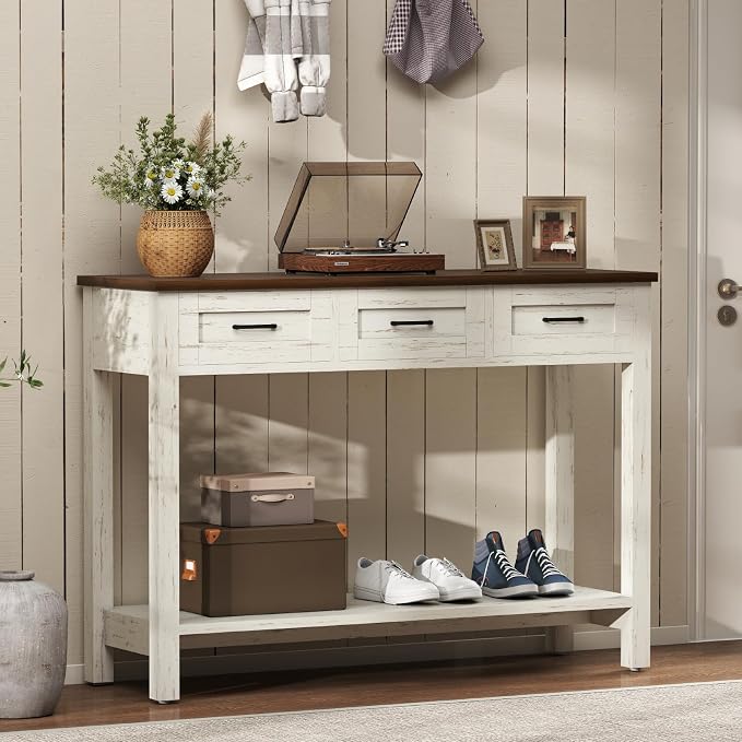 YOSHOOT 45" Farmhouse Entryway Console Table, Desk Behind the Couch with 3 Drawers and 2-Tier Shelves, Narrow Sofa Table for Hallway, Bedroom, Living Room, White Brown