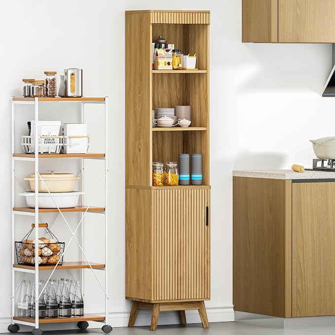 Bifins Natural 68" Tall Bathroom Storage Cabinet,15.7" Width | Narrow,Fluted Door,Adjustable Shelf,5 Tier,Next to Toilet,Next to TV Stand,Laundry Storage,Space Saving,Tower Storage