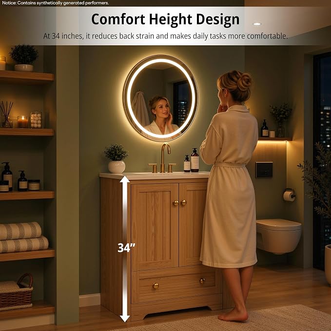 IRONCK Bathroom Vanity with Ceramic Sink, 30" Bathroom Cabinet, Natural | Features a Ceramic Sink, 3 Doors, 1 Drawer and Flexible Side Storage for Organized Bathroom Storage
