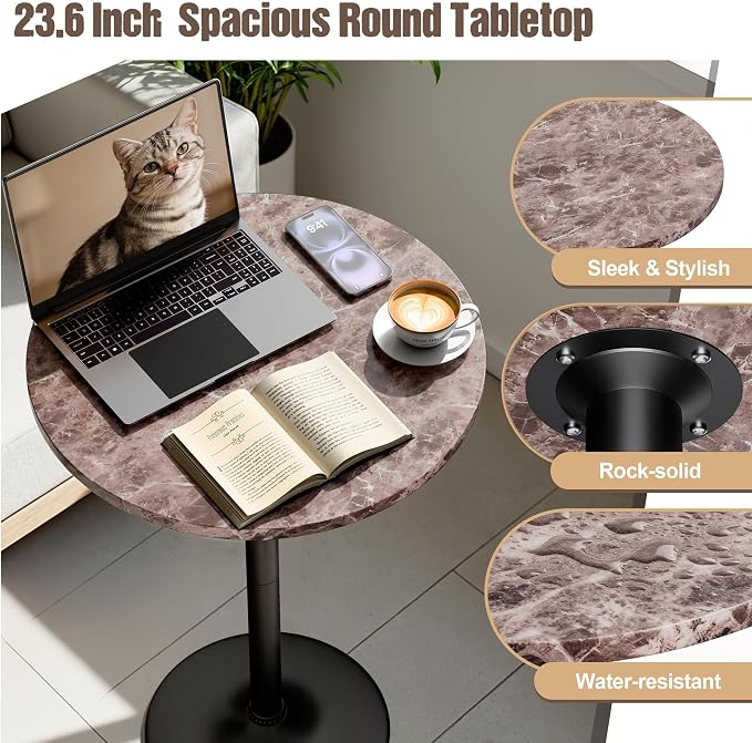 Furmax Bistro Pub Table Round Bar Height Cocktail Table for Home Bar, Round Bar Tables for Party, Dining Room, Living Room and Wedding, Metal Base MDF Top, 40.6 Inch Height (1, Faux Marble)