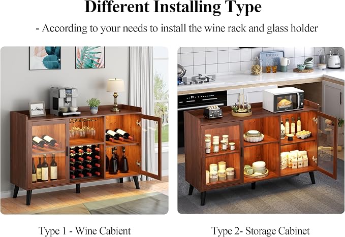 Wine Bar Cabinet with LED Light, Home Coffee Cabinet w/ Wine & Glass Holder