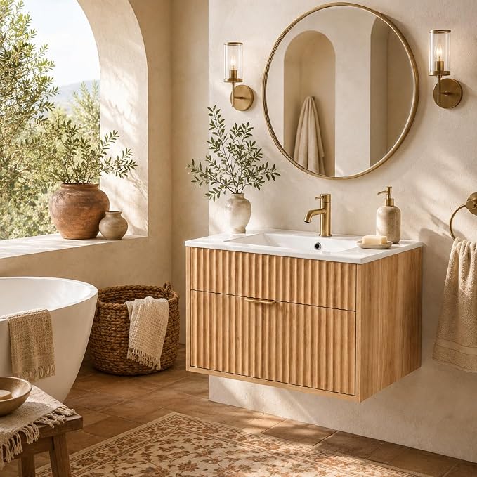 VINGLI 24 Inch Floating Bathroom Vanity with Sink, Wall-Mounted Natural Oak Cabinet with Fluted Drawer, Full-Extension Storage and Gold-Tone Handle