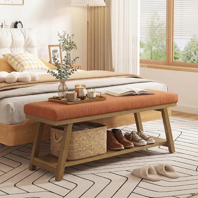 Zihanhome 45" Entryway Bench Upholstered Storage Bench for Bedroom(Orange)