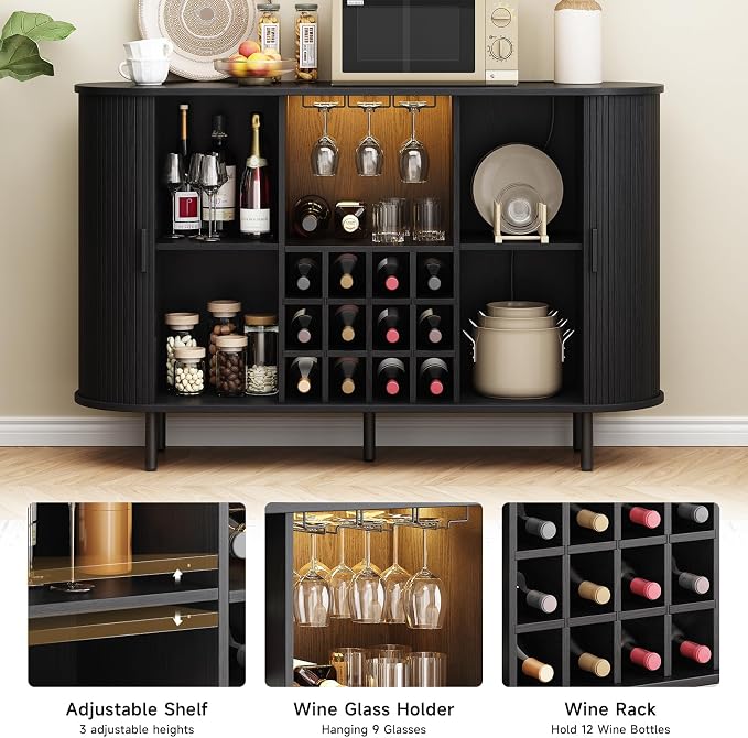 ONBRILL 55" Fluted Wine Bar Cabinet with LED Light Black