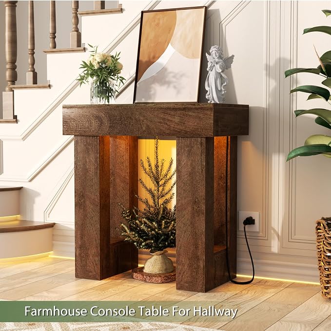 Unikito 32" Entry Table with Sensor Light and Power Outlets, Rustic Oak