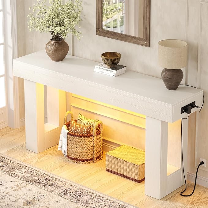 Unikito 63" Console Table with Sensor Light and Oulets, Rustic White