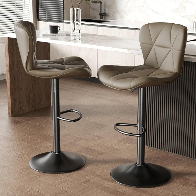 Nalupatio Modern Bar Stools Set of 4, Adjustable Faux Leather Upholstered Swivel Bar Stools, Counter Height Bar Chairs with Back for Kitchen Island, Dark Khaki