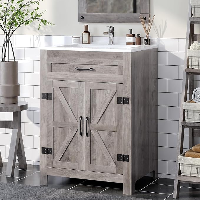 VINGLI 24" Farmhouse Bathroom Vanity with Sink, Undermount Vanity Sink Cabinet with Barn Door &Shelf,Free Standing Small Bathroom Storage Cabinet with Single Hole Ceramic Basin Combo Set,Washed Gray