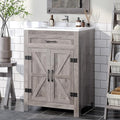 VINGLI 24" Farmhouse Bathroom Vanity with Sink, Undermount Vanity Sink Cabinet with Barn Door &Shelf,Free Standing Small Bathroom Storage Cabinet with Single Hole Ceramic Basin Combo Set,Washed Gray