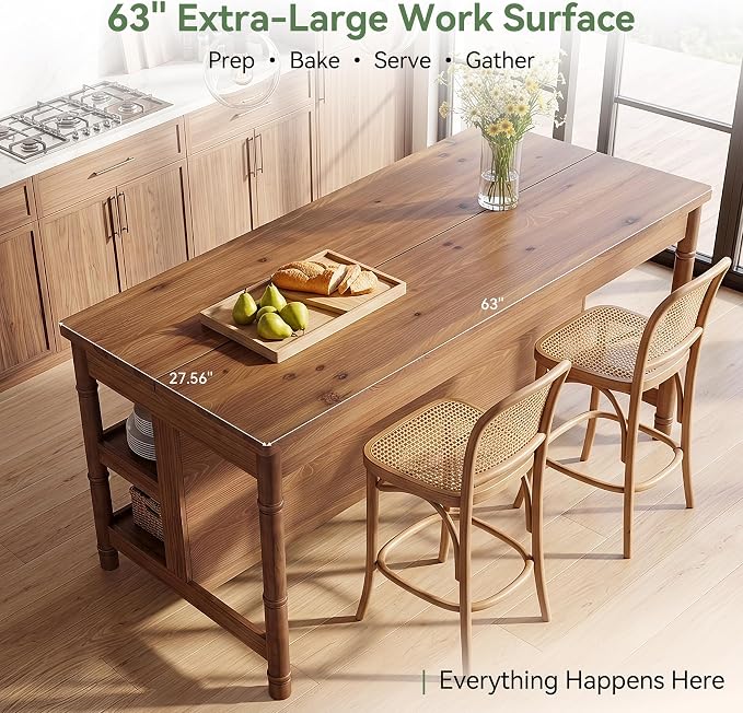 63" Solid Wood Kitchen Island Table with Storage & Seating