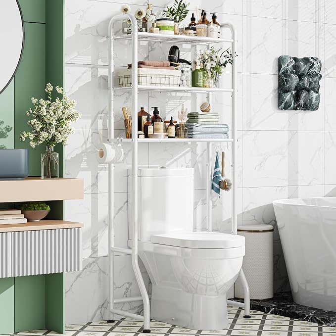 Simple Trending Over The Toilet Storage Rack, Metal 3 Tier Bathroom Organizer Shelf with Paper Holder and 3 Hooks, Freestanding Shelf Space Saver Above Toilet, White