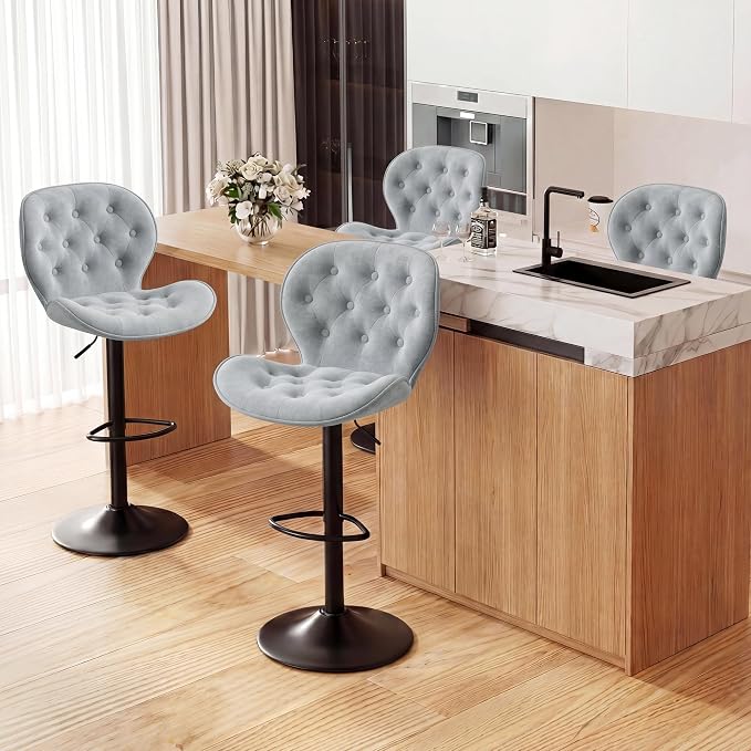 GRUSIGN Bar Stools Set of 4, Modern Swivel Adjustable Bar Chairs, Chenille Fabric Upholstered Counter Height Bar Stools with Backrest, Comfort Barstools for Kitchen Island, Home Bar, Grey