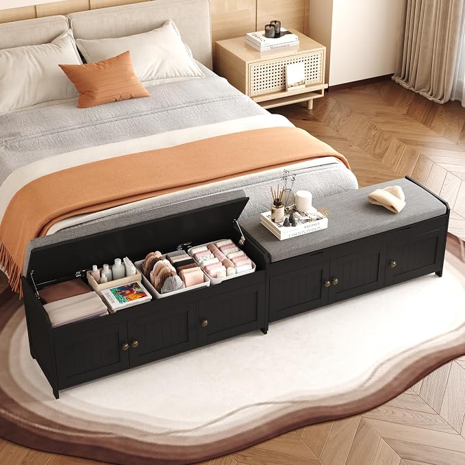 HOMEFORT 41.3" Shoe Bench with Lift Top Storage, Entryway Bench with Cushioned Seat, Wooden End of Bed Bench, Shoe Cabinet Bench with Hidden Storage Space, for Bedroom, Hallway,Black