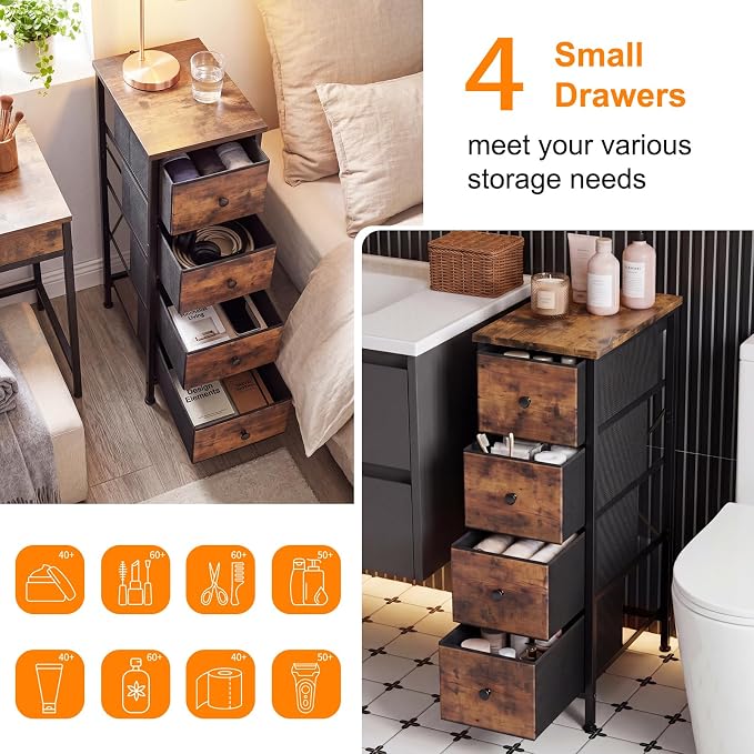 Fixwal Narrow Storage Cabinet, Slim Dresser with 4 Drawers, Rustic Brown | 9.5in width, sturdy & stable structure, solid steel frame, wooden top, suitable for bedroom, bathroom & laundry room