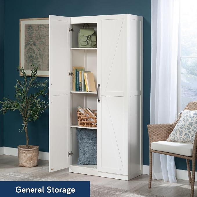 Sauder HomePlus Farmhouse Multipurpose Storage Cabinet Tall Pantry with Adjustable Shelves, in White Finish