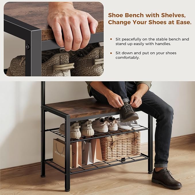 DUMOS 5-in-1 Hall Tree with Coat Rack and Shoe Bench, Industrial Entryway Storage Organizer with Top Hanging Rod, 10 Movable Hooks & Side Hooks, Mudroom Bench with 2-Tier Shoe Rack, Dark Brown