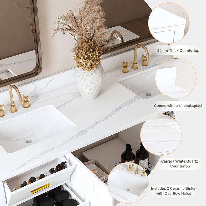 Montary 60" Bathroom Vanity with 2 Sinks & 61" Carrara Quartz Top | with 6 Pre-Drilled Faucet Holes, Solid Wood Cabinet, Soft-Close Double Doors & 9 Smooth-Glide Drawers,White