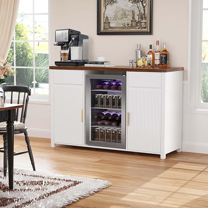 GDLF 53.2" Coffee Bar Cabinet with Fridge Space,Fluted Sideboard,White