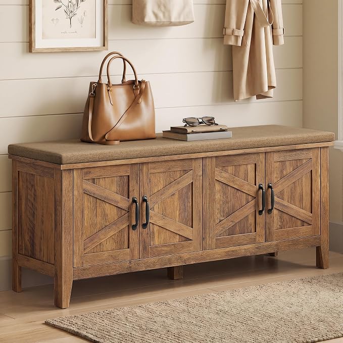 VASAGLE Shoe Bench, Farmhouse Entryway Bench with Cushion，47.2 inches Wide