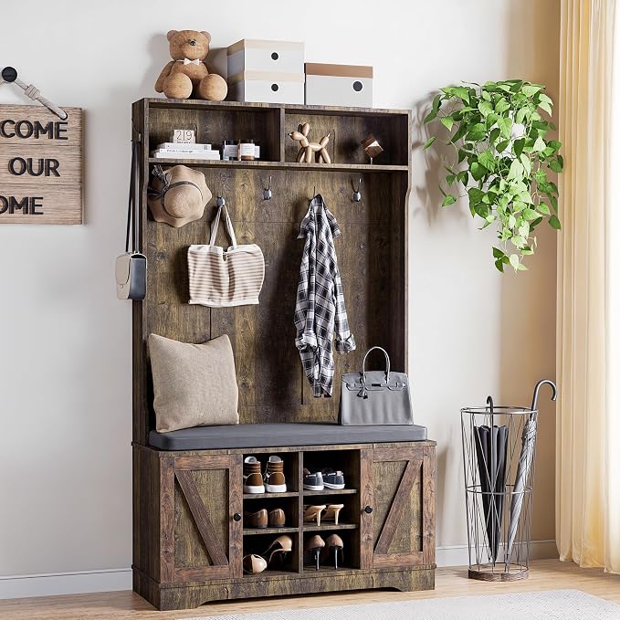 Entryway Hall Tree with Coat Rack and Shoe Bench with Storage