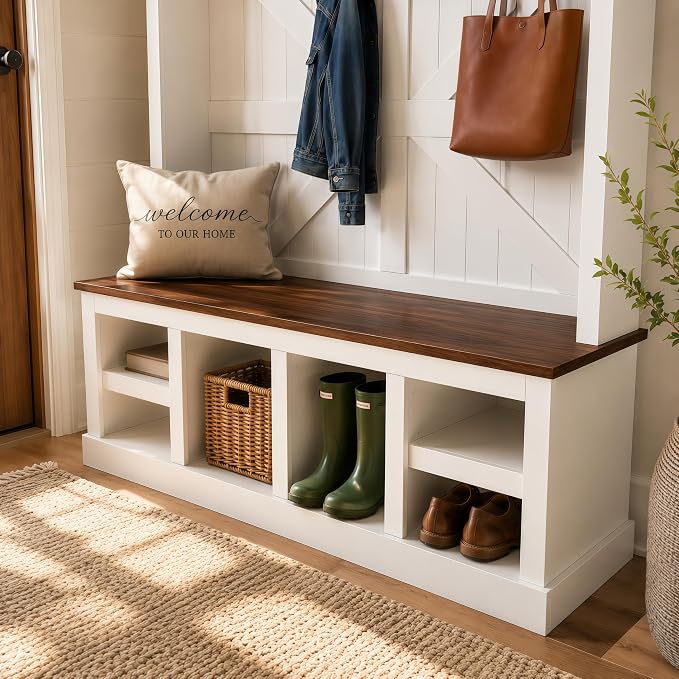 KEIKI 79" Hall Tree with Bench, Farmhouse Entryway Coat Rack, White Walnut