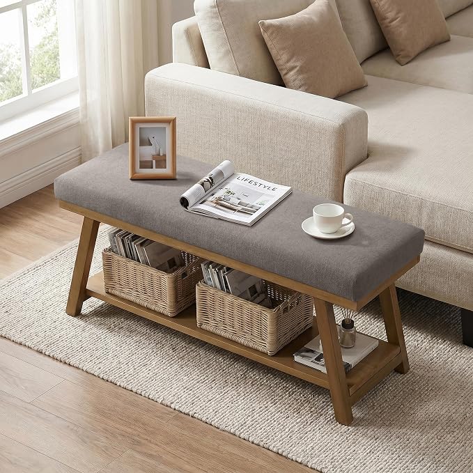 Zihanhome 45" Entryway Bench Upholstered Storage Bench for Bedroom(Grey)