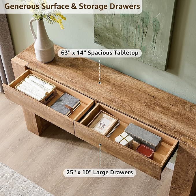 OKD 63" Console Table with Drawers, Thick Block Entryway Table, Light Oak