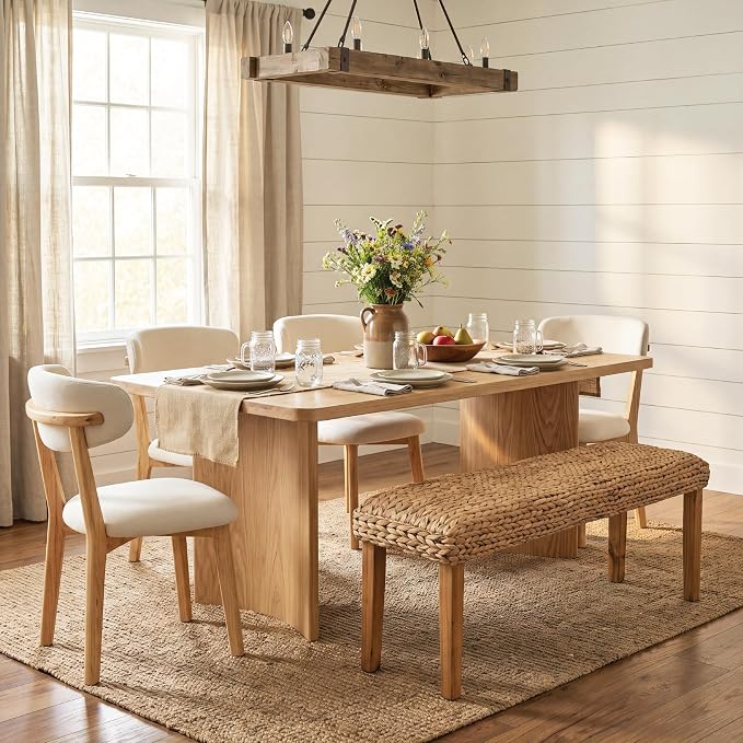 Solid Wood Acacia Indoor Bench, 47 Inch Water Hyacinth Seat, Fishbone Style