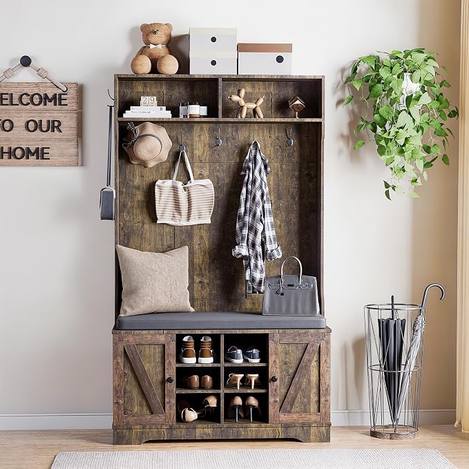 Entryway Hall Tree with Coat Rack and Shoe Bench with Storage