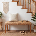 Solid Wood Acacia Indoor Bench, 47 Inch Water Hyacinth Seat, Fishbone Style