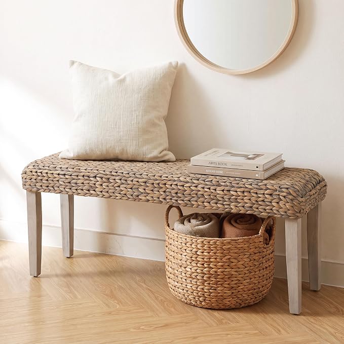 Solid Wood Acacia Indoor Bench, Natural Woven Water Hyacinth Seat, Grey Leg