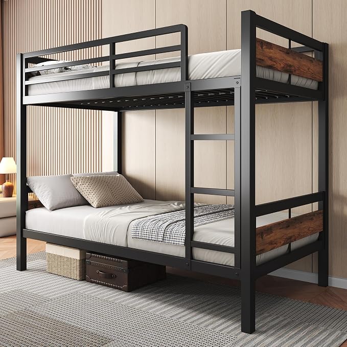 Feonase Metal Bunk Bed Twin Over Twin with Ladder and High Guardrail, Heavy-Duty Metal Slats Support, Noise Free, No Box Spring Needed, for Kids and Juniors, Vintage