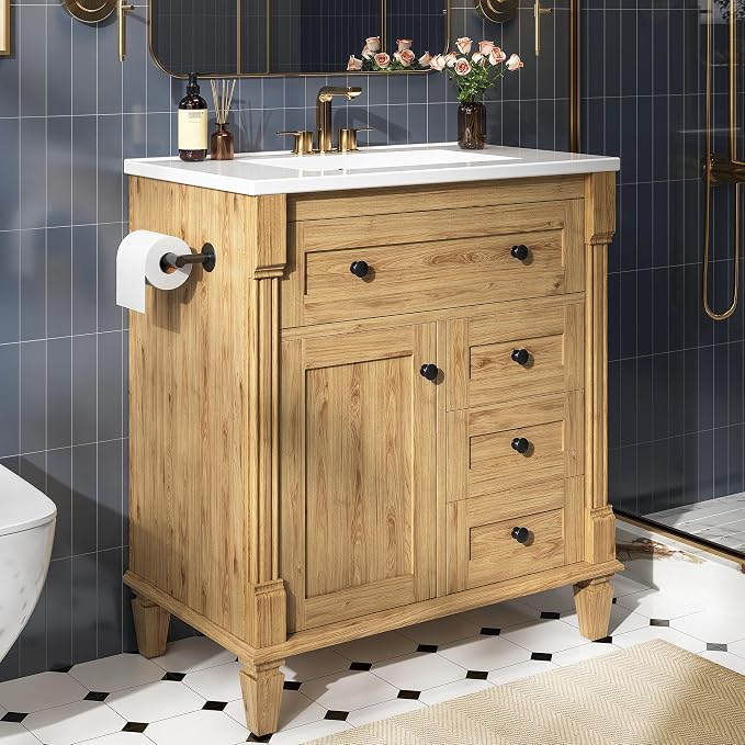 LIKIMIO 30 Inch Bathroom Vanity with Sink, Adjustable Solid Wood Legs | Modern Bathroom Storage Cabinet with Towel Holder, Tip-Out Drawer, 2 Drawers & Adjustable Shelf, Nature
