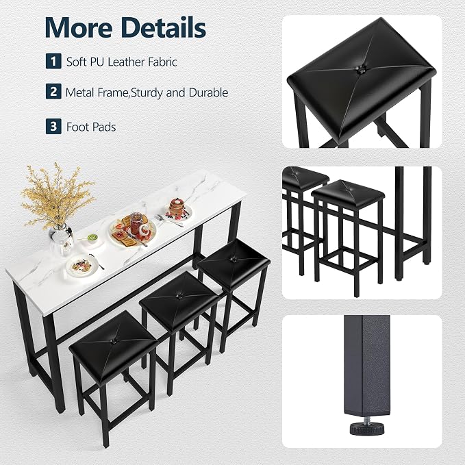 HUGROVE 4-Piece Bar Table and Chairs Set with 3 PU Upholstered Bar Stools, 60.2" Faux Marble Table Top, Modern Counter Height Table for Kitchen, Living Room, Party Room, Small Space, Pub (Black)