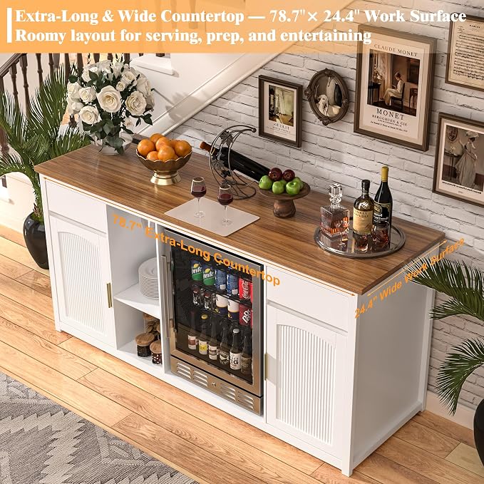 GDLF 78.7" Home Bar Cabinet with Fridge Space, Fluted Wine Liquor Bar,White