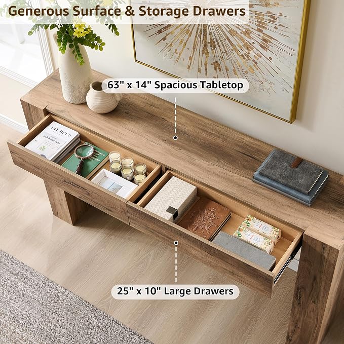 OKD 63" Console Table with Drawers, Thick Block Entryway Table, Rustic Oak