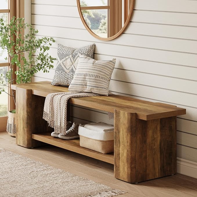 LITTLE TREE Wood Entryway Bench, 63" End of Bed Bench with Storage Shelf, Farmhouse Extra Long Shoe Bench for Entryway, Dining Room, Hallway, Living Room, Bedroom, Double-Reinforced Legs, Brown