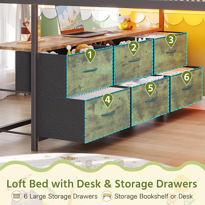 Dnxao Full Size Low Loft Bed with Desk and 9 Storage Drawers, Rustic Brown