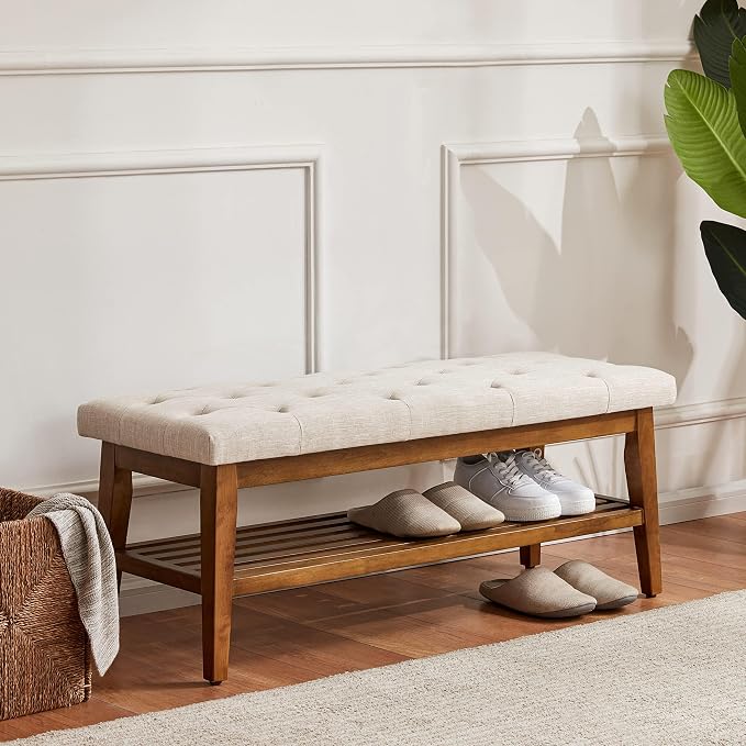 HUIMO Upholstered Entryway Shoe Bench, Button Tufted End of Bed Bench,Beige