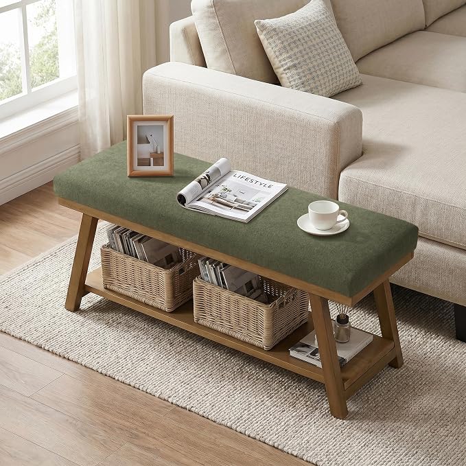 Zihanhome 45" Entryway Bench Upholstered Storage Bench for Bedroom(Green)