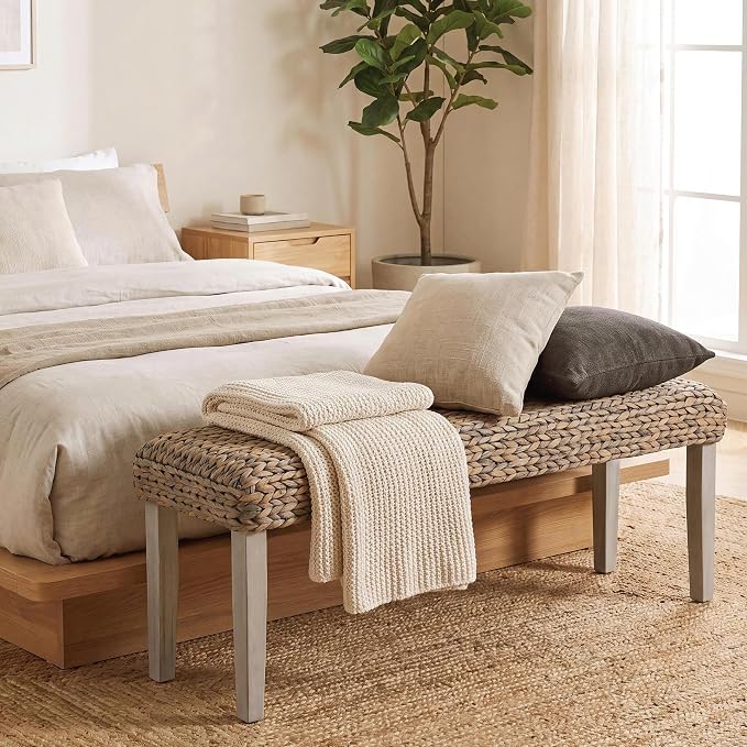 Solid Wood Acacia Indoor Bench, Natural Woven Water Hyacinth Seat, Grey Leg