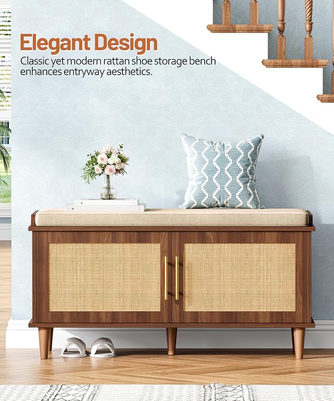 Akxomel 39.4" Rattan Shoe Storage Bench 2 Doors Entryway Bench Walnut
